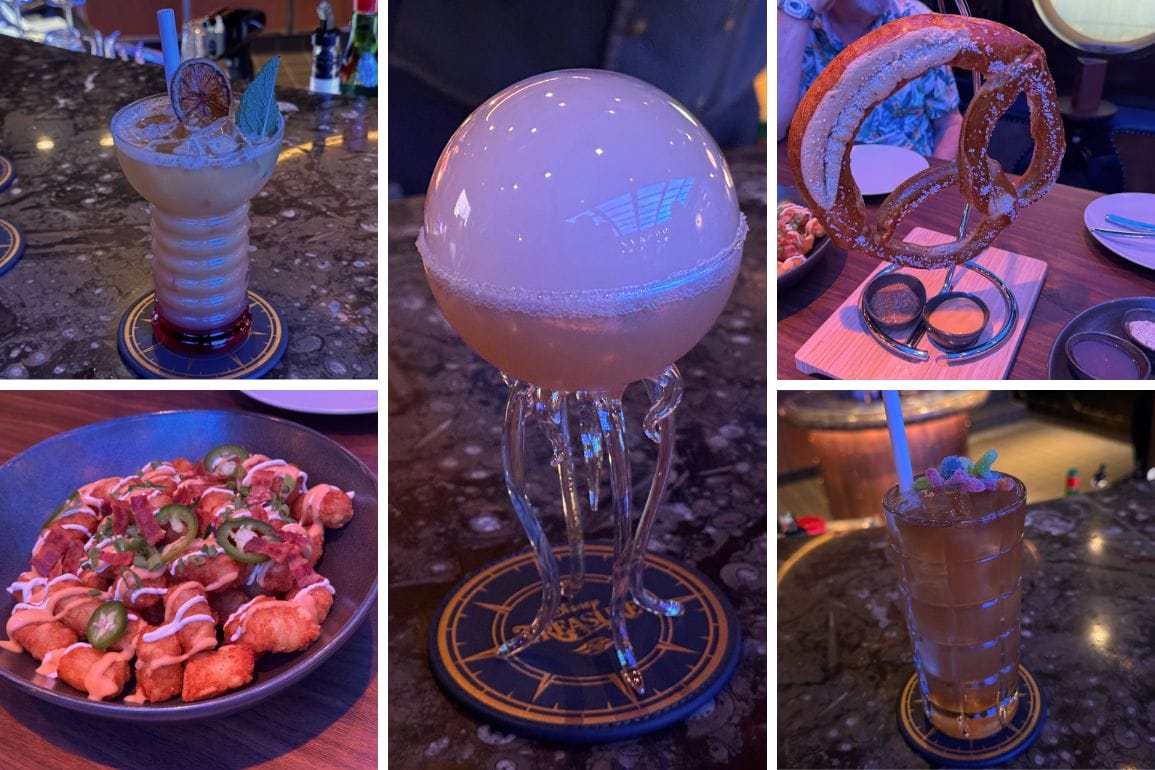 Collage of four food and drink items: a cocktail with garnish, a smoky drink on a unique glass, a large pretzel with sauces, and a plate of seasoned bite-sized food.