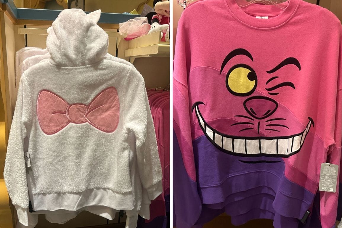 On display are two cosplay hoodies: the left features a white hoodie adorned with a pink bow on the back, perfect for a touch of whimsy. On the right, a playful pink and purple hoodie showcases a winking cartoon face, adding fun character to your ensemble.