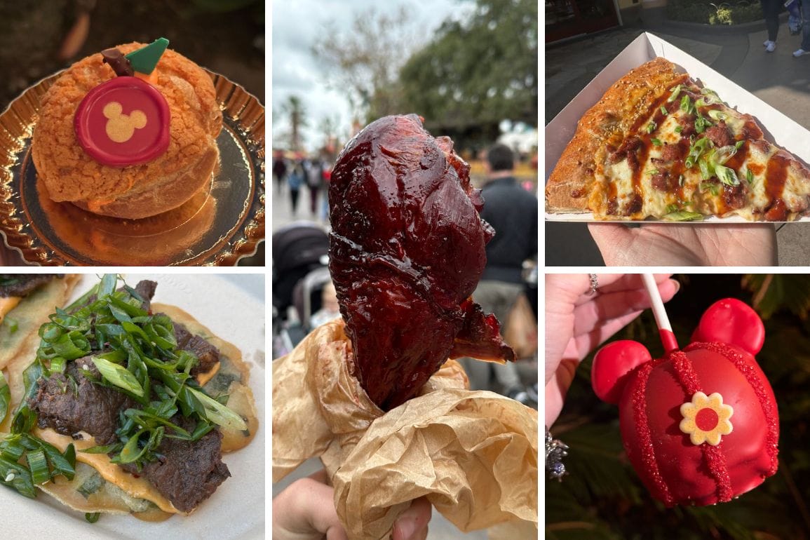 A festive collage of food items for the 2025 Lunar New Year: two desserts with red embellishments, a meat dish garnished with greens, a glazed drumstick, and a slice of pizza adorned with vibrant vegetables.