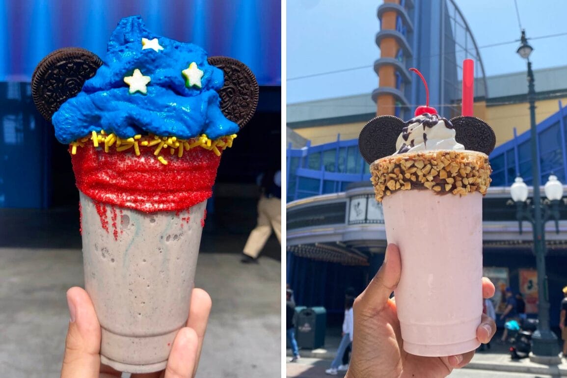 Two magical milkshakes inspired by Disney California Adventure. Left: a whimsical blend with blue whipped cream, stars, Oreos, red coating, and yellow sprinkles. Right: a delightful nod to a Strawberry-Banana Split Shake with whipped cream, cherry, Oreos on the rim, and nuts.
