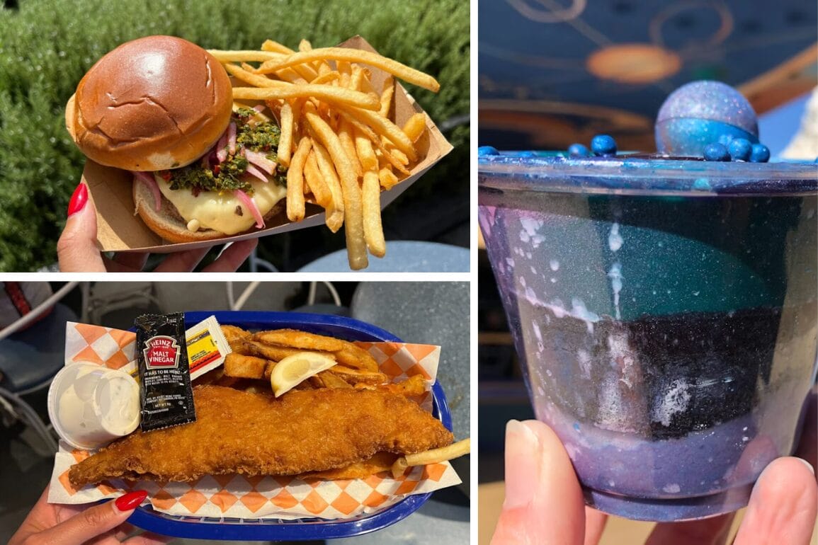 At Disneyland Park's Galactic Grill, enjoy a collage of delights: the Meat-eorite Burger with fries, classic fish and chips with tartar sauce, and a layered dessert topped with a perfect sphere.