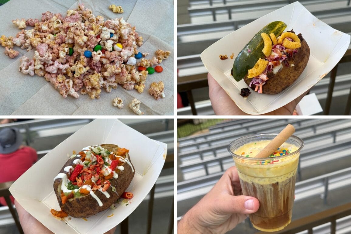 A delightful collage from Troubador Tavern showcases sweet popcorn with candy, two loaded baked potatoes brimming with toppings, and a float with a straw—celebrating favorite food items found at Disneyland Park.