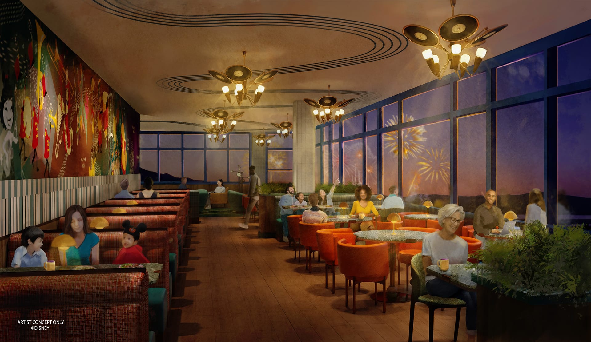 A lively restaurant interior with colorful murals, red and orange seating, large windows showing a sunset and fireworks, and diners enjoying their meals. Chandelier-style lights hang from the ceiling.