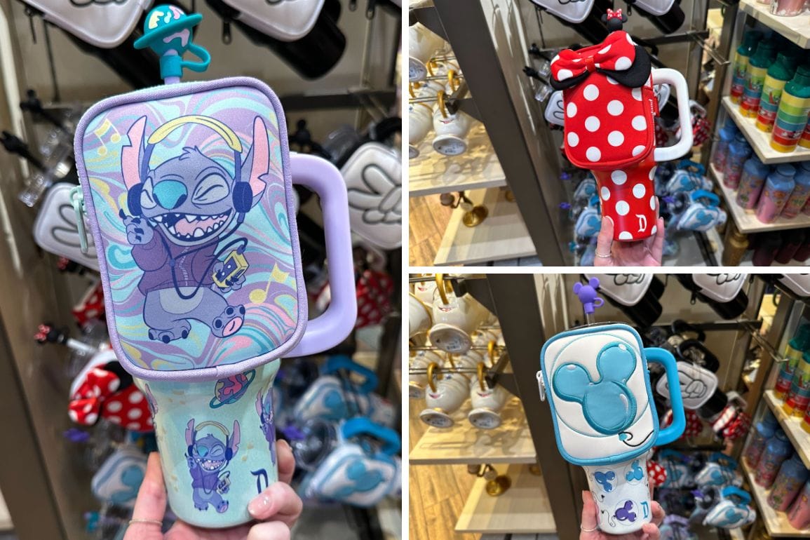 Three Disney-themed cup holders are displayed: On the left, a Stitch design with a colorful Downtown Disney background; top right, red and white polka dots adorned with Minnie Mouse's iconic bow; bottom right, a blue Mickey Mouse silhouette reminiscent of Stanley-Style Tumblers.