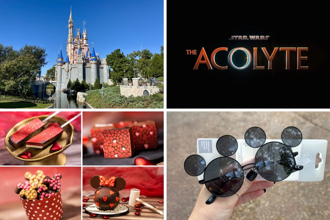 A daily recap collage showcasing a castle, the "Star Wars: The Acolyte" logo, delectable chocolate treats, and whimsical Mickey Mouse glasses with round dark lenses.