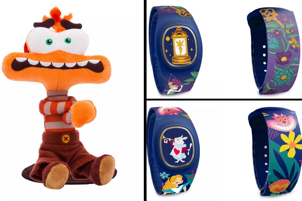 Plush toy of an orange character with a big grin on the left. On the right, three colorful MagicBand+ wristbands with various cartoon designs. Perfect for Inside Out 2 fans looking to accessorize in style!.