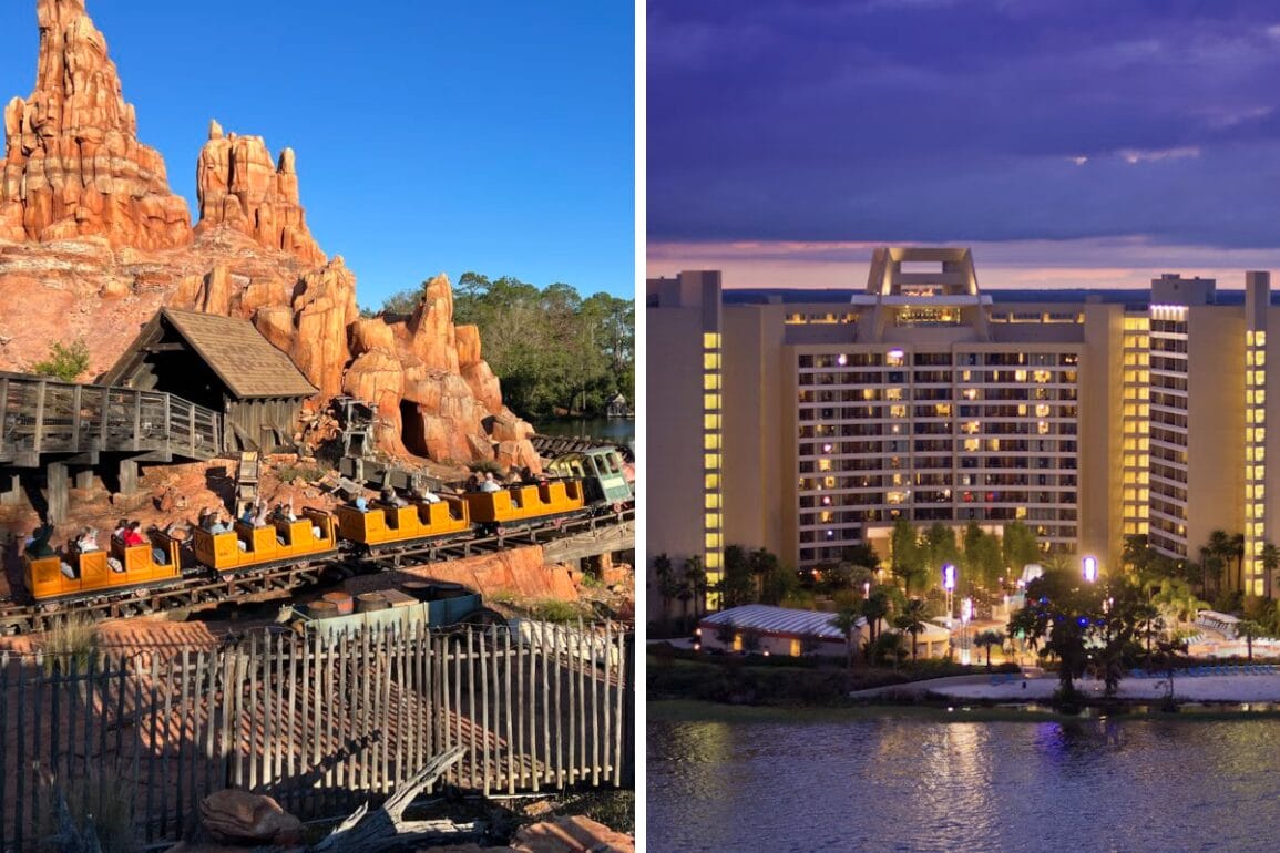 Left: Roller coaster on a rocky mountain. Right: Tall illuminated hotel building at dusk near water—a daily recap of towering thrills and serene views.