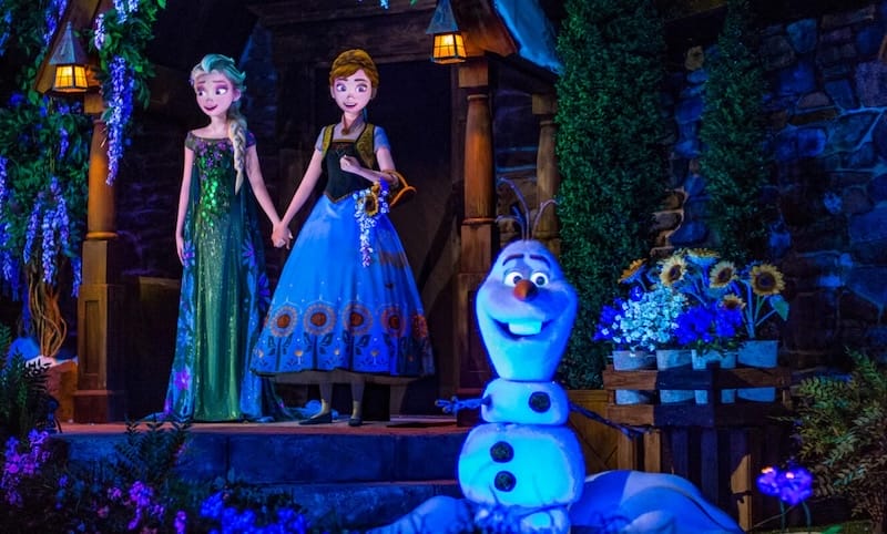 Two female characters in dresses and a smiling snowman from Frozen Ever After stand outside a house under glowing lights.