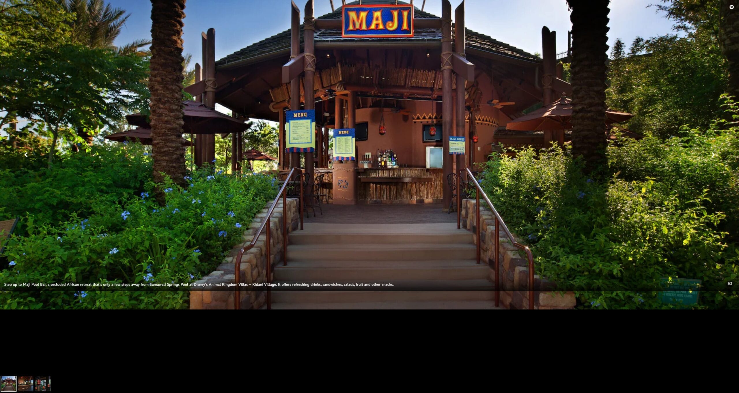 Maji Pool Bar with a thatched roof, surrounded by lush greenery and palm trees, welcomes you at the entrance.