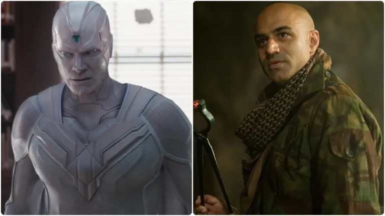 A white-costumed character on the left and a person in camouflage with a scarf on the right are shown side by side.