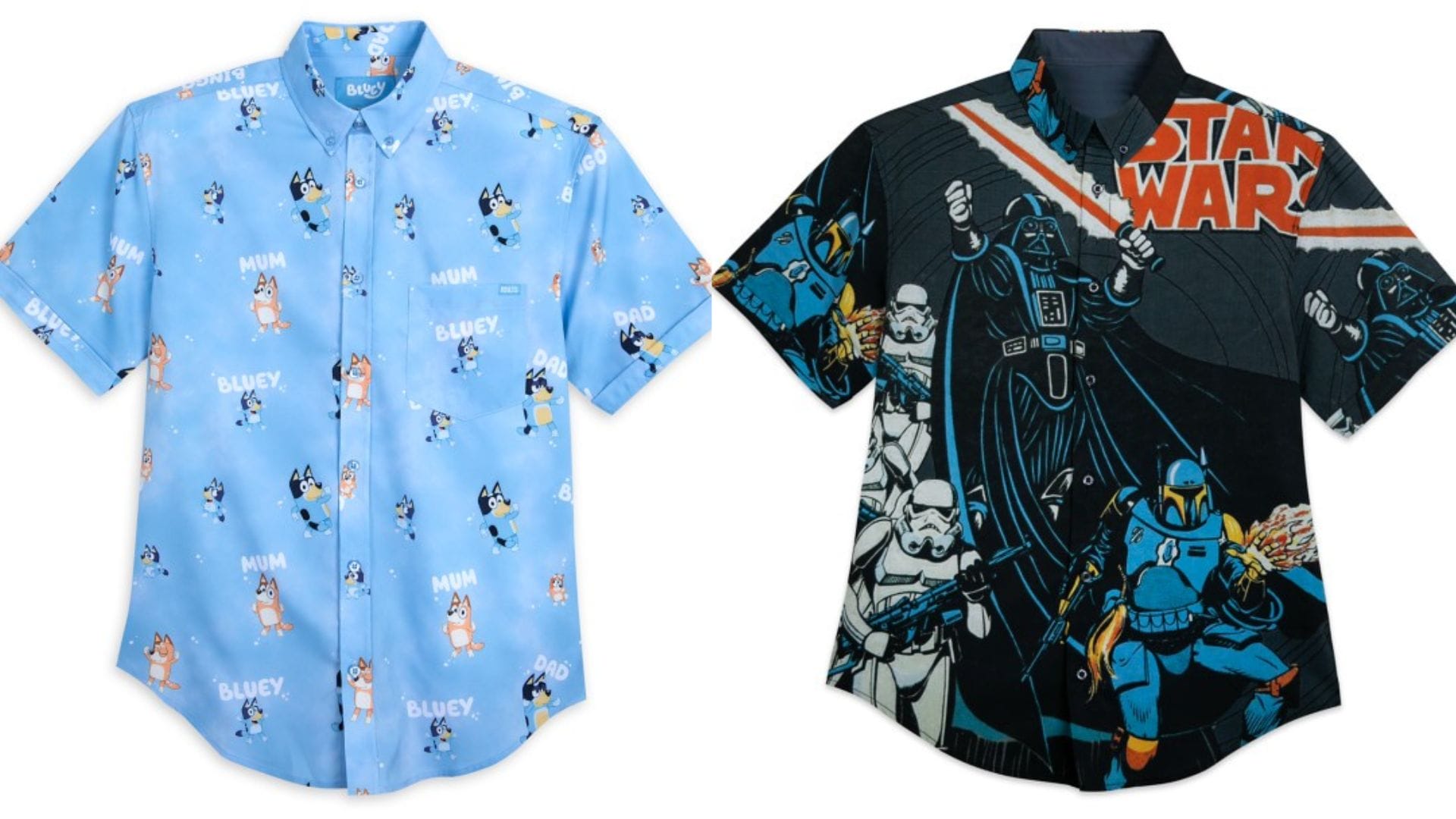 Two short-sleeve button-up shirts: one blue, styled with cartoon dog patterns and Bluey vibes, and another black featuring iconic Star Wars designs with characters like Darth Vader and the classic logo. Perfect for fans who appreciate quirky fashion.