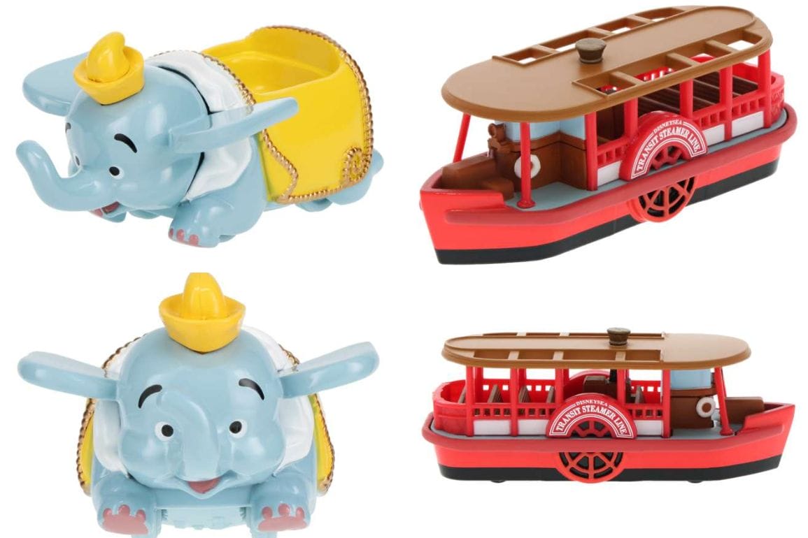 Two toy figurines: One of Dumbo, the blue elephant with a yellow hat and saddle, reminiscent of Tokyo Disney Resort, and another of a red riverboat from the Transit Steamer Line Tomica collection with a brown roof and red paddle wheel.