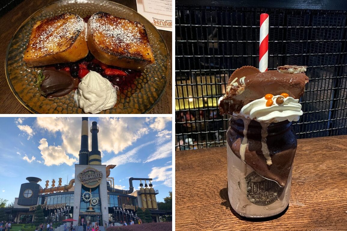Collage of three images: French toast with whipped cream and berries, an industrial-style restaurant exterior, and a toothsome chocolate milkshake topped with candy.