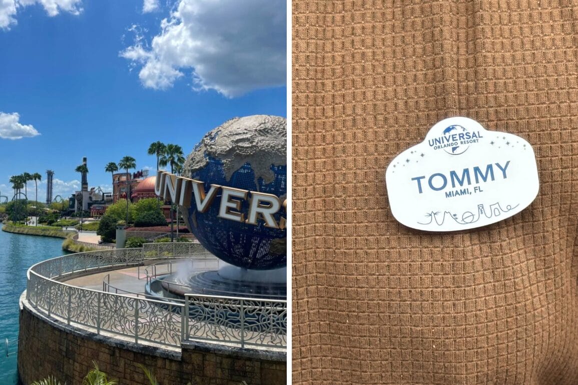 Universal Studios Florida globe with palm trees swaying under a bright sun. Nearby, a name tag reads "Tommy, Miami, FL" alongside the iconic Universal Studios Resort logo, proudly worn by one of the enthusiastic team members.