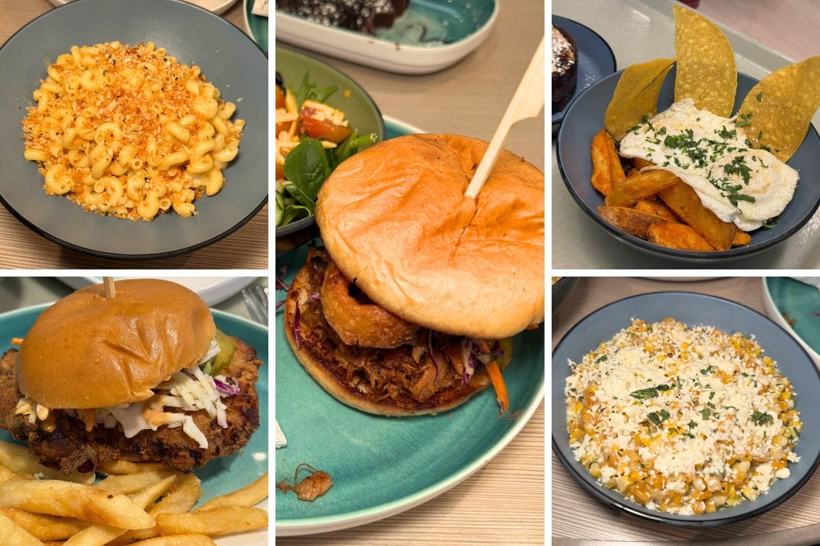 A mouthwatering collage of five dishes at Cosmos Cafe: mac and cheese, fish with chips, corn salad, a fried chicken burger with fries, and a pulled pork burger. Each plate offers a taste of comfort in the heart of the Universal Stella Nova Resort.