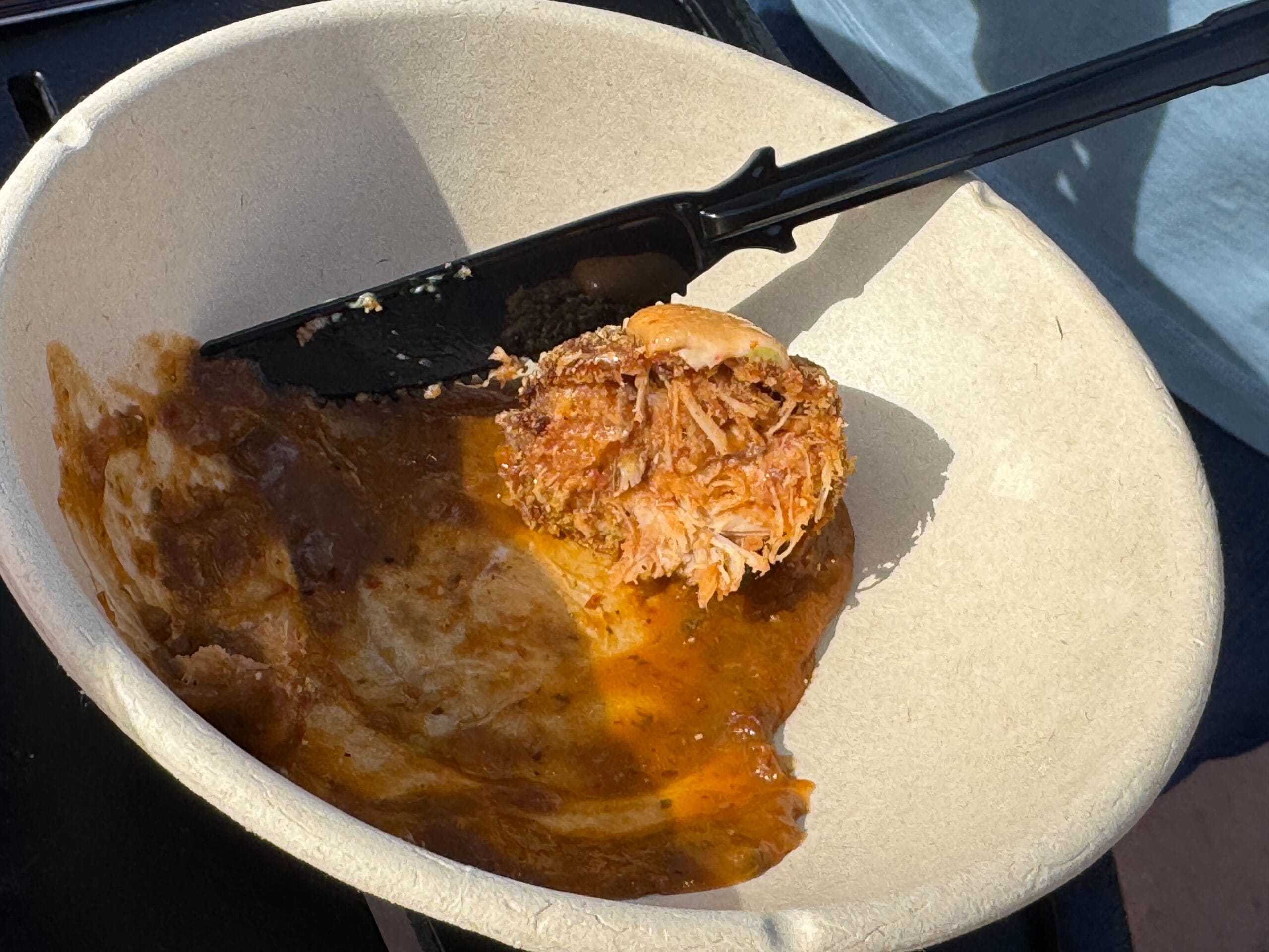 At the Festival of the Arts, a half-eaten plate of shredded meat with sauce rests on a paper plate, accompanied by a black plastic fork.