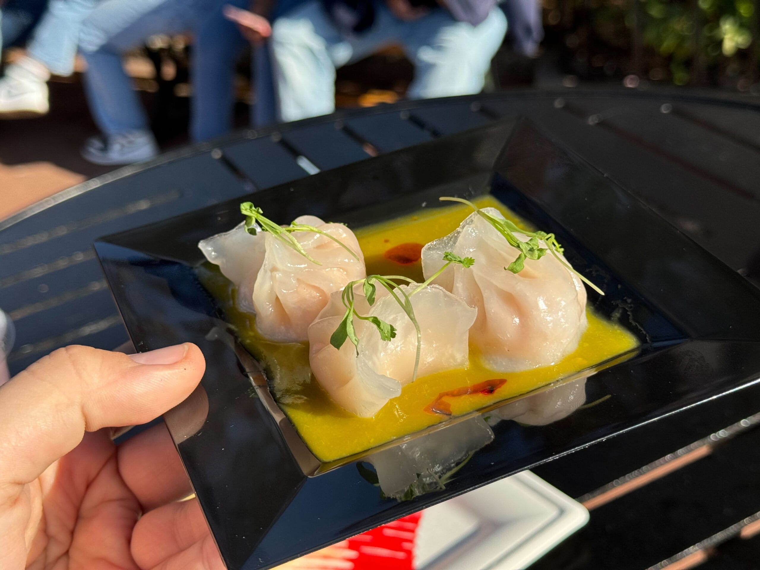 At the Festival of the Arts, three translucent dumplings garnished with greens rest elegantly on a black plate, accented by a drizzle of yellow sauce, held delicately by a hand.