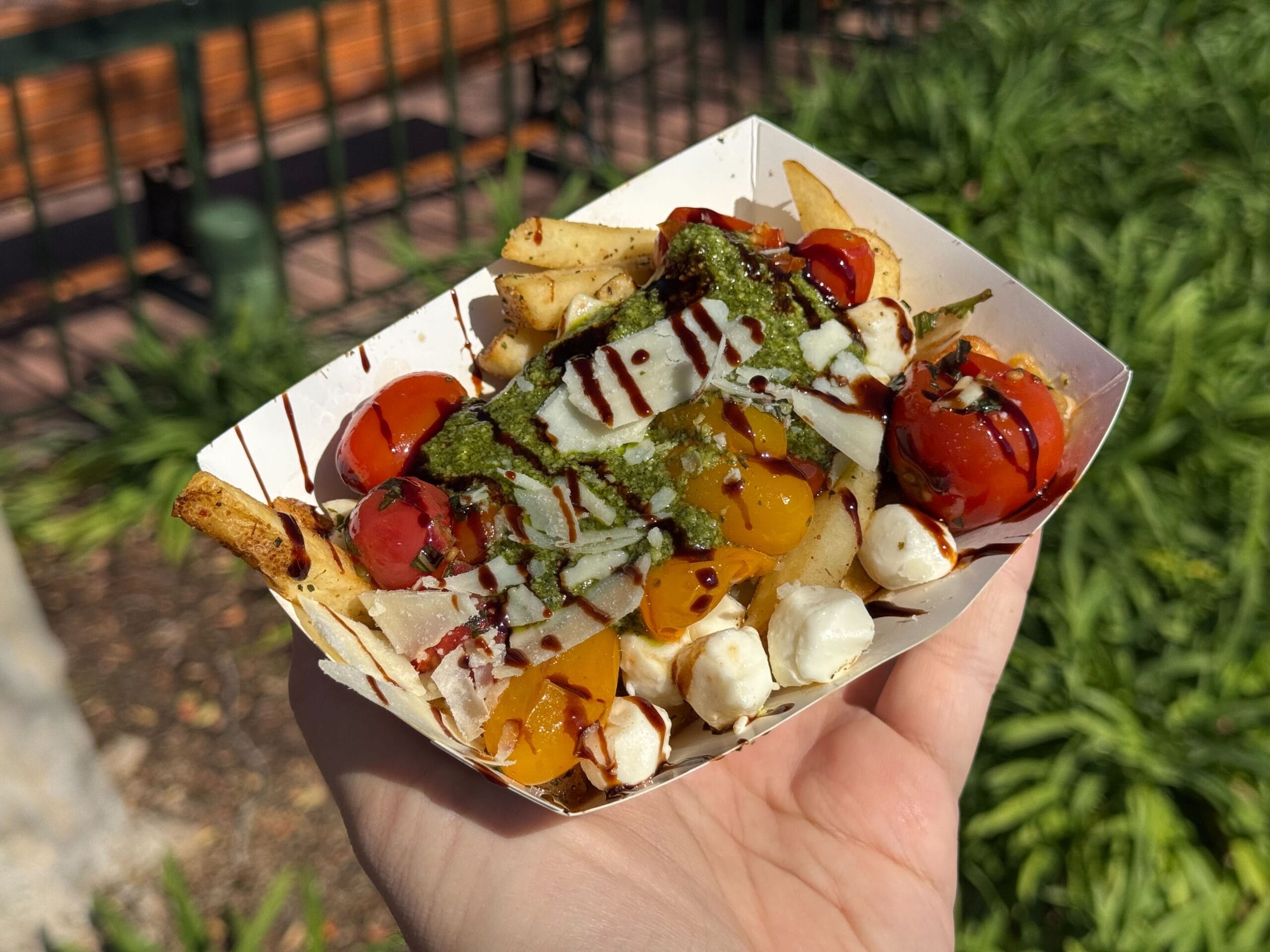 A hand holds a tray of fries lavishly adorned with pesto, cherry tomatoes, mozzarella balls, and a drizzle of balsamic glaze. Against the lush backdrop and nearby fence, this culinary masterpiece could easily be a star attraction at the Festival of the Arts.