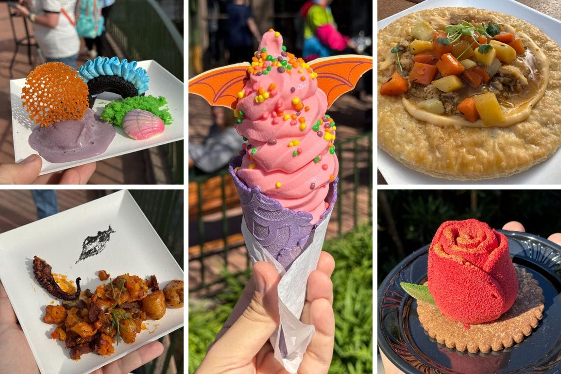 A collage of five artistic food items celebrates the Festival of the Arts, featuring a vessel-shaped dessert, pink dragon ice cream cone, vegetable-topped flatbread, spiced potatoes, and a rose-shaped cake on a biscuit.