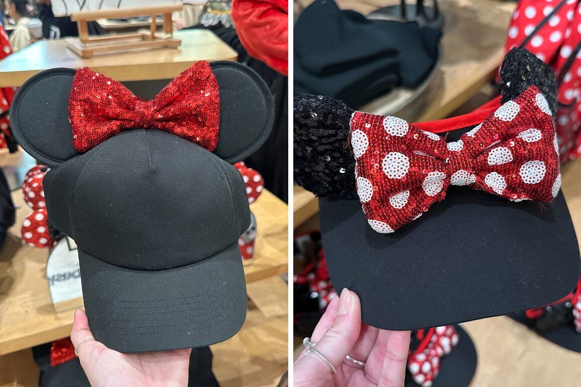 Two black caps with large mouse ears capture the essence of Minnie Mouse style; the left cap features a chic red sequin bow, while the right boasts a playful red and white polka dot sequin bow, blending cuteness with classic flair.