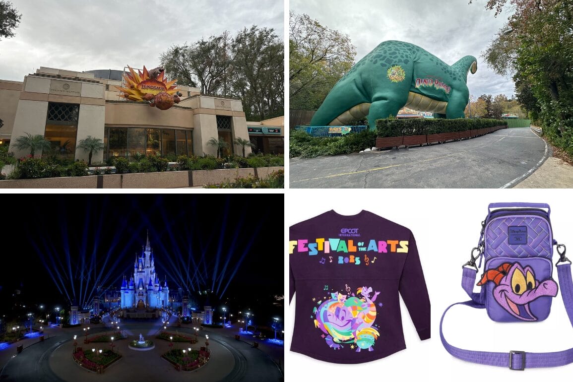 Experience a daily recap in this collage of an amusement park, showcasing a dinosaur statue, a themed building, a nighttime castle aglow with lights, and a selection of merchandise like sweaters and bags.
