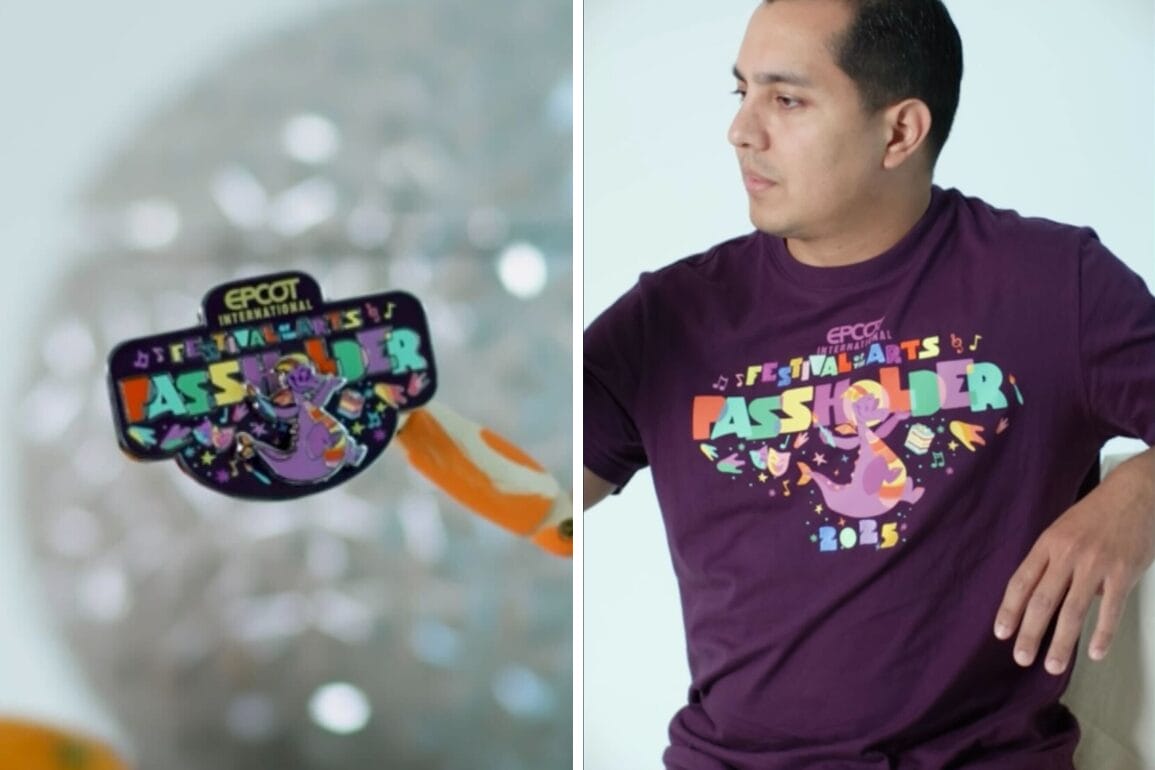 Man wearing a purple festival-themed T-shirt along with a drink adorned with a colorful passholder sticker.