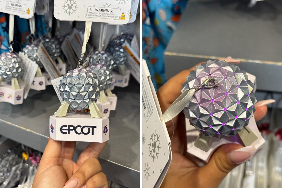 Two photos of a silver Spaceship Earth ornament with purple accents. The ornament is displayed hanging on a shelf and held in a person's hand. It has "EPCOT" printed on the base.