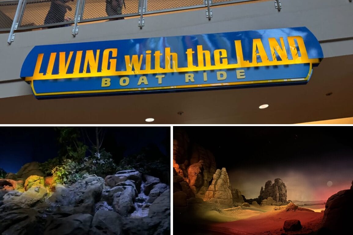 Sign reading "Living with the Land Boat Ride" above. Below are two scenes: one with plants and rocks, and another depicting a desert landscape.