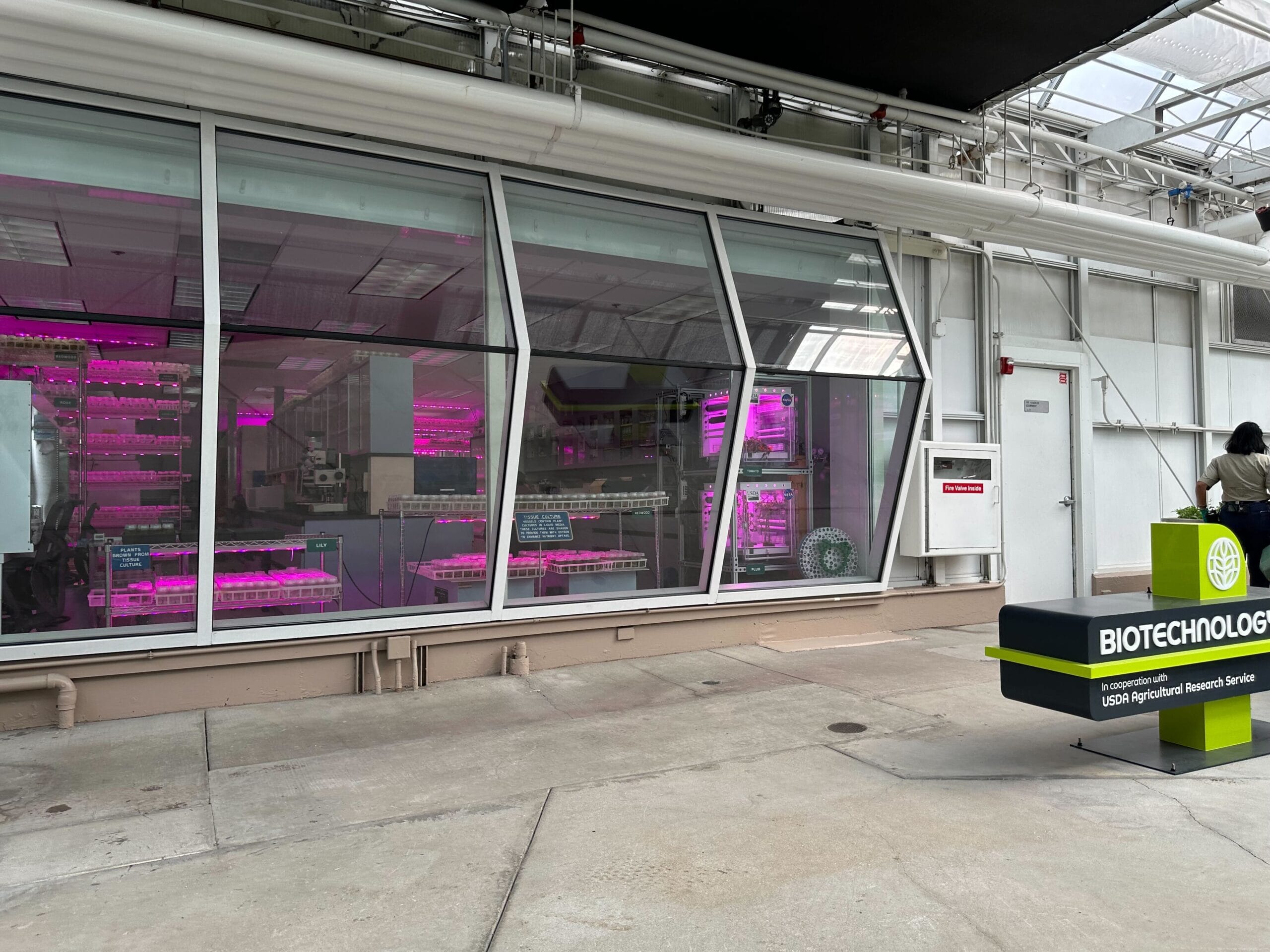 Exterior view of a biotechnology research facility with pink grow lights illuminating plants inside. A sign reads "Biotechnology" with "USDA Agricultural Research Service" below it.