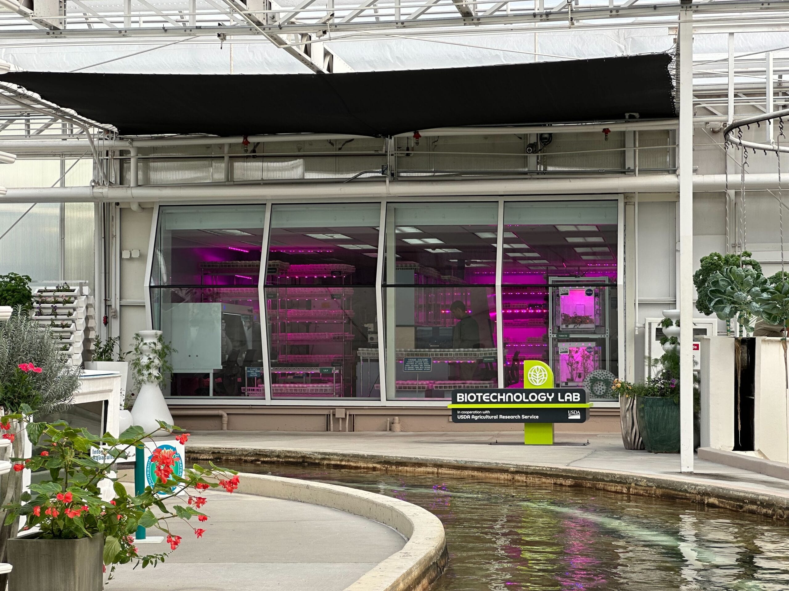 Exterior view of a biotechnology lab with large windows, displaying purple lighting inside. The lab is part of an agricultural research service, with plants and water feature in the foreground.