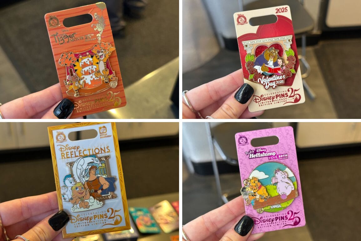 Four Disney pins are held in hand: Tigger, Valentine's Day, Reflections, and Baloo. Each of these enchanting pins features a different Disney character and theme.