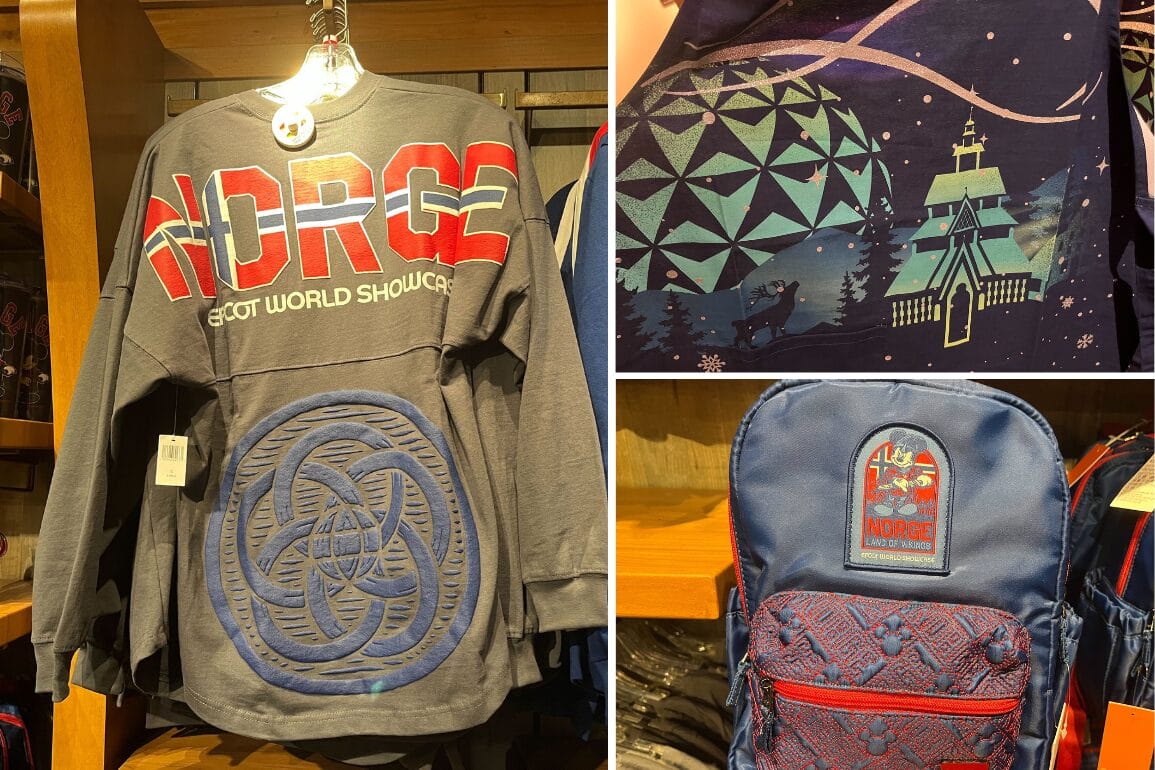 A collage of Norway-themed Epcot merchandise: a cozy sweater with "Norway" text, a shirt adorned with Epcot and Norway illustrations, and a backpack featuring a Norway patch. Look closely, and you might even catch Mickey enjoying the Northern Lights on these delightful items.