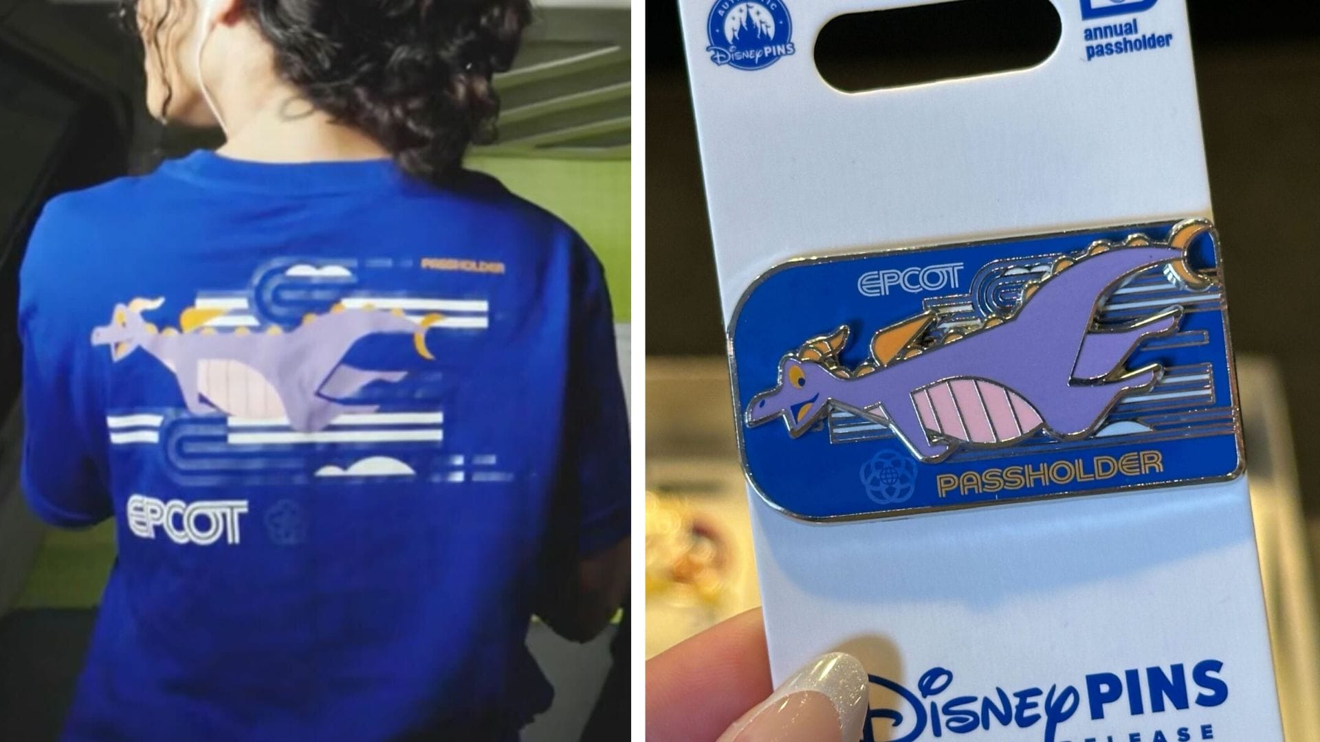 A person wearing a blue EPCOT shirt featuring a purple dragon. The same dragon design is on a Disney passholder pin in their hand.