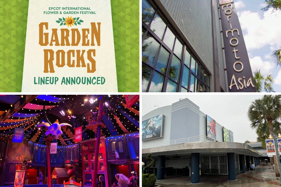 Collage of four images: Garden Rocks lineup announcement poster, a tall building with Asian signage, an indoor venue with colorful lights, and an exterior of a theater with movie posters. Perfect for your daily recap of eclectic city sights and vibrant cultural events.