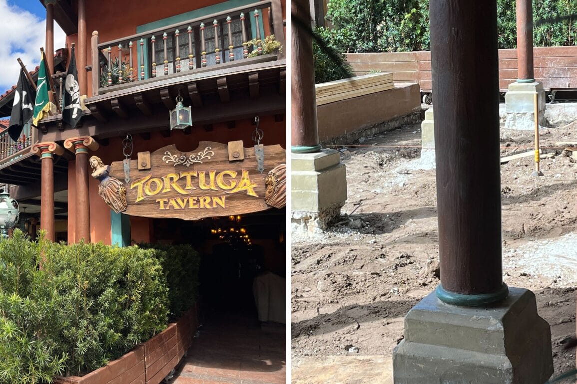 Left: Entrance to Tortuga Tavern with its iconic hanging sign nestled amidst lush greenery. Right: Construction area featuring cleared ground and wooden posts as the tavern undergoes an exciting transformation.