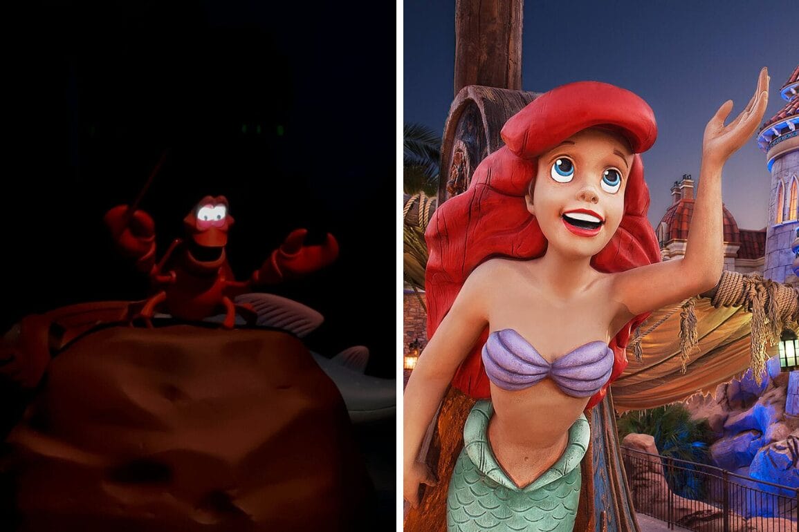 A red lobster resembling Sebastian sits in a dark setting on the left; a smiling mermaid statue with projection eyes, wearing a purple top and red hair, is on the right in a colorful outdoor environment.