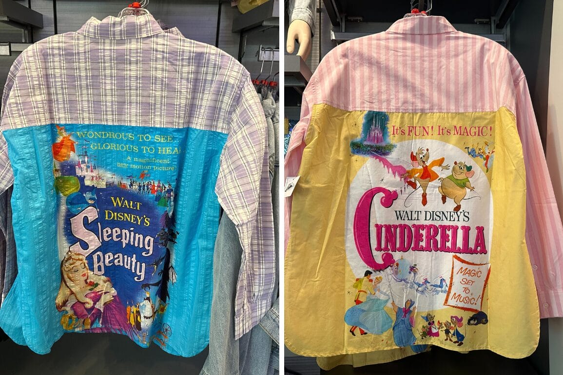 Two shirts on hangers feature Disney designs: a "Sleeping Beauty" with blue fabric and a "Cinderella" with pink fabric, both capturing the magic of Walt Disney World with charming cartoon characters.