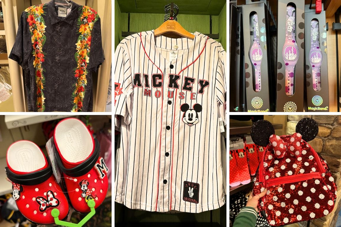 Collage of Disney-themed merchandise including a floral Mickey and Minnie shirt, a Mickey Mouse baseball jersey, magic bands, Minnie Mouse clogs, and a backpack with Minnie ears—all capturing the enchantment of Walt Disney World.