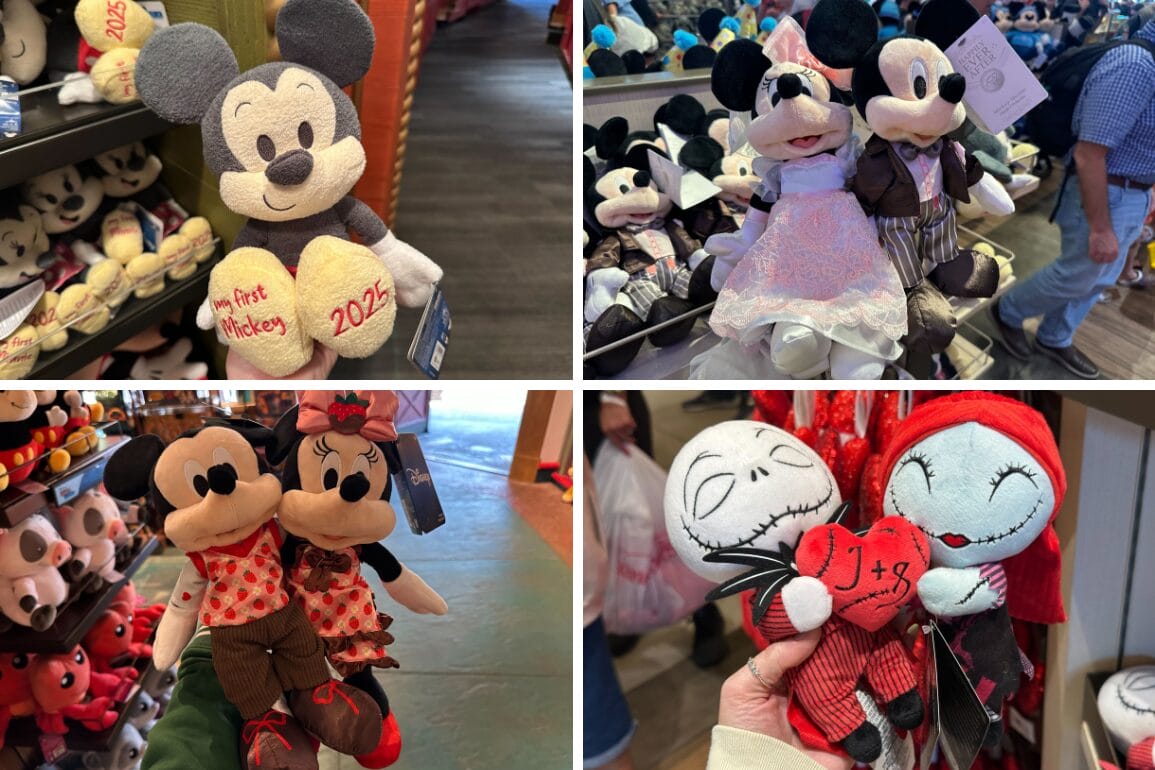 A delightful array of Disney-themed plushies, featuring beloved characters like Mickey and Minnie Mouse, along with favorites from "The Nightmare Before Christmas," perfect for a special occasion or as adorable Valentine's Day gifts, are displayed in the store.