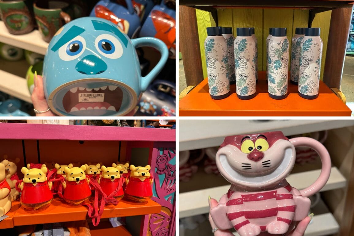 A charming assortment of cartoon-themed mugs and tumblers, reminiscent of Walt Disney World magic, is on display in the store.