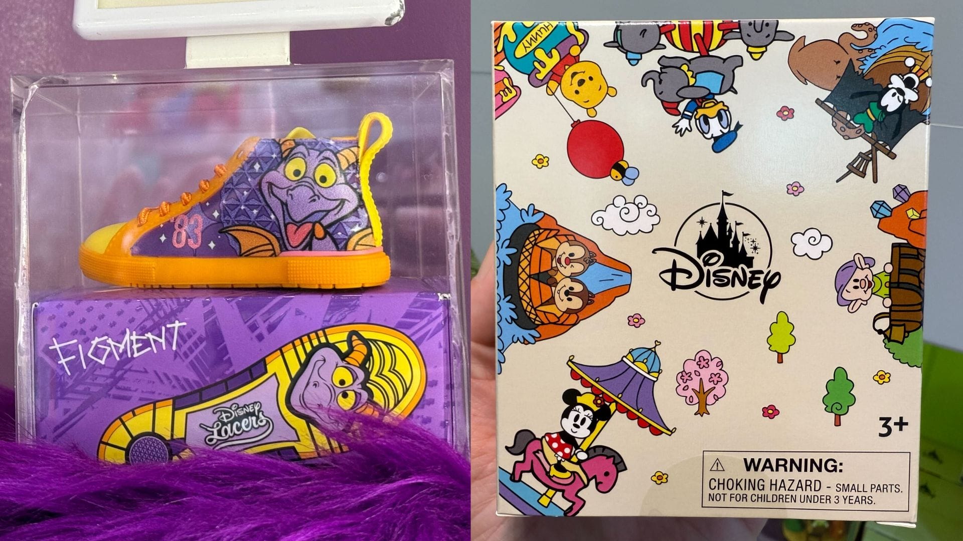 A Disney-themed shoe with a Figment design, inspired by Walt Disney World, is displayed next to a colorful Disney puzzle box featuring various characters and a choking hazard warning.