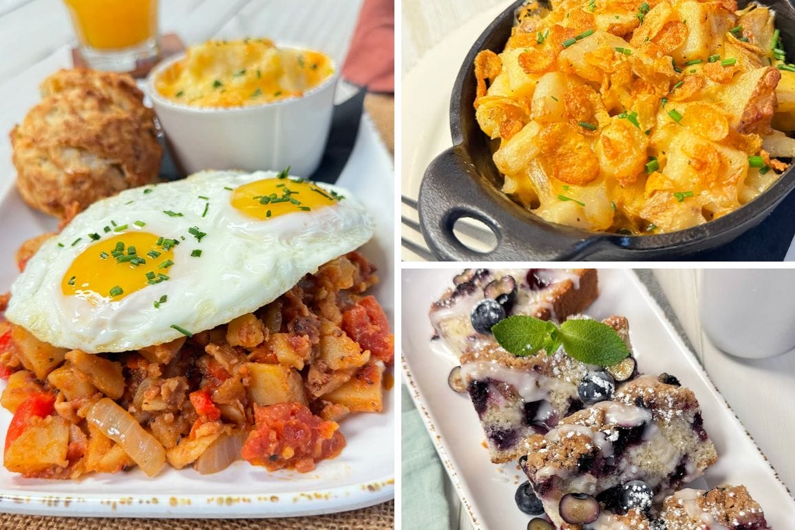 At Chef Art Smith's Homecomin' in Disney Springs, a delicious array of brunch items graces the table: sunny-side-up eggs on hash, baked pasta with a crunchy topping, and blueberry bread pudding drizzled to perfection.