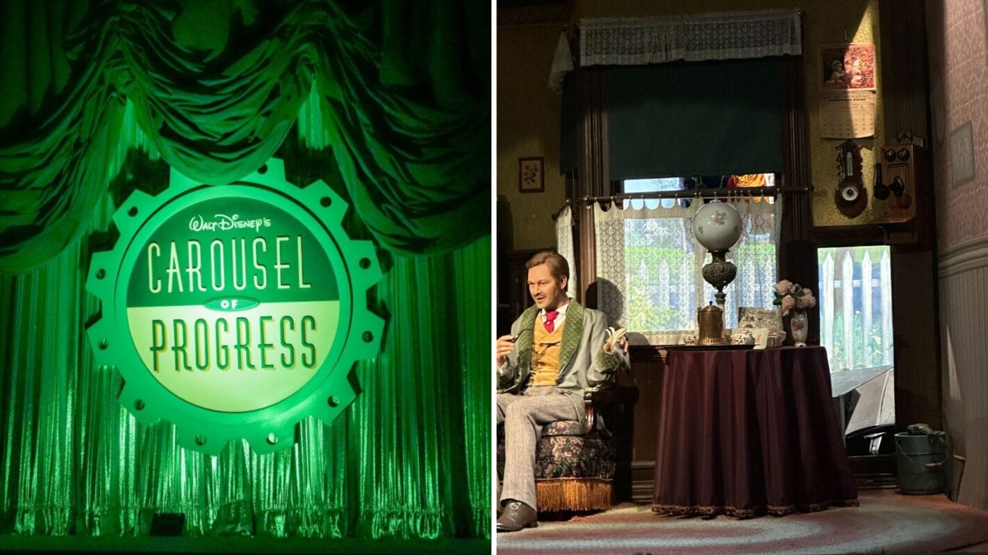 Left: Carousel of Progress sign on green curtain. Right: Animatronic man in classic Walt Disney attraction living room.