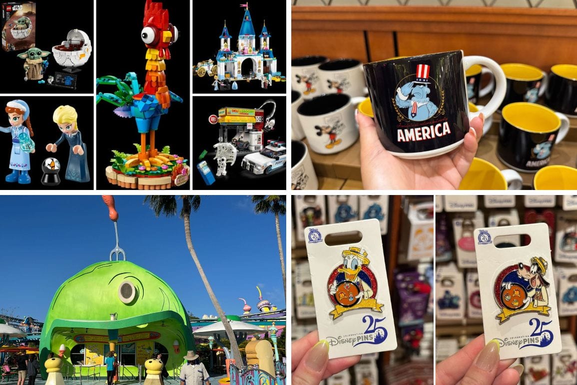A daily recap collage showcases LEGO Disney sets, Disney mugs, a green building with an antenna, and two delightful Disney pins adorned with Donald Duck designs.