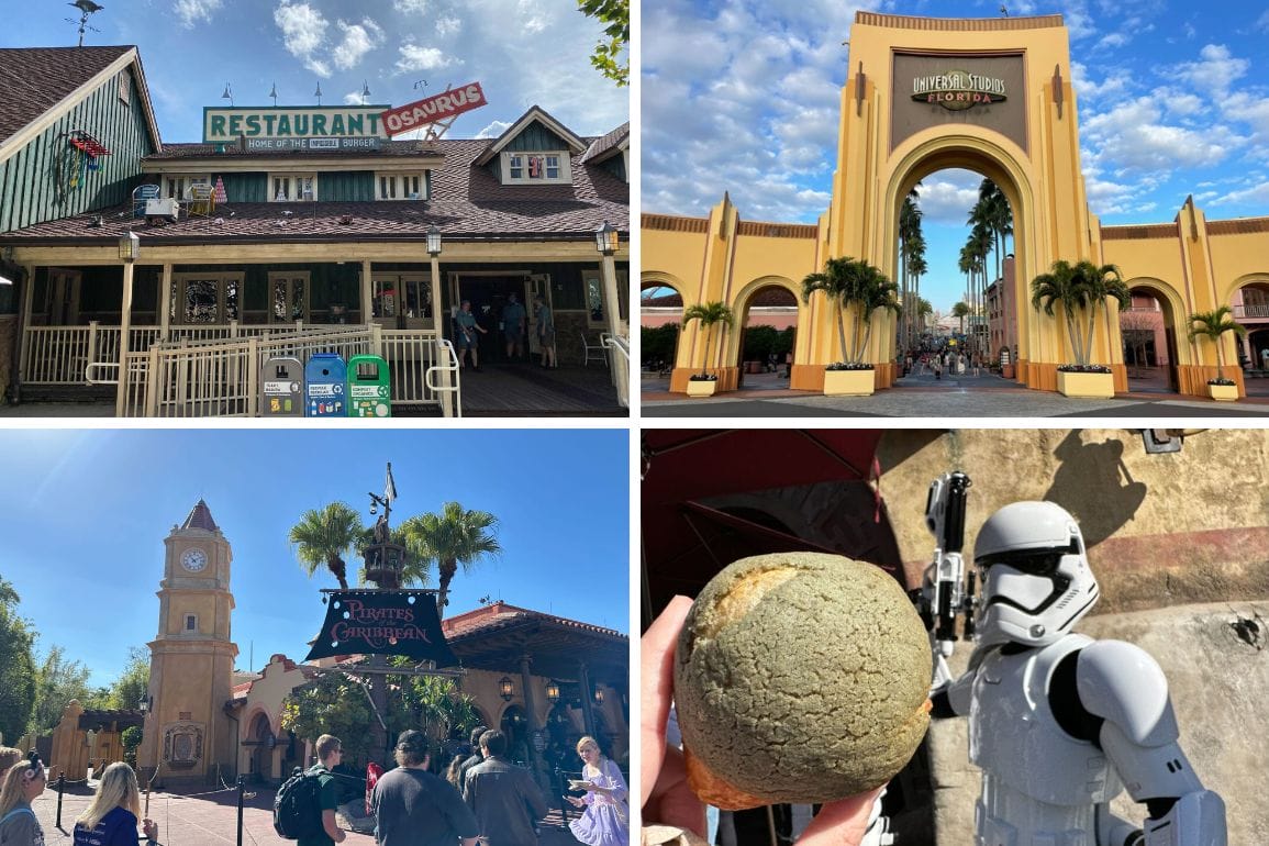 In this daily recap, collage of theme park attractions includes a dinosaur-themed restaurant, the iconic archway entrance, a pirate-themed building, and someone in a stormtrooper costume holding a green, round object.