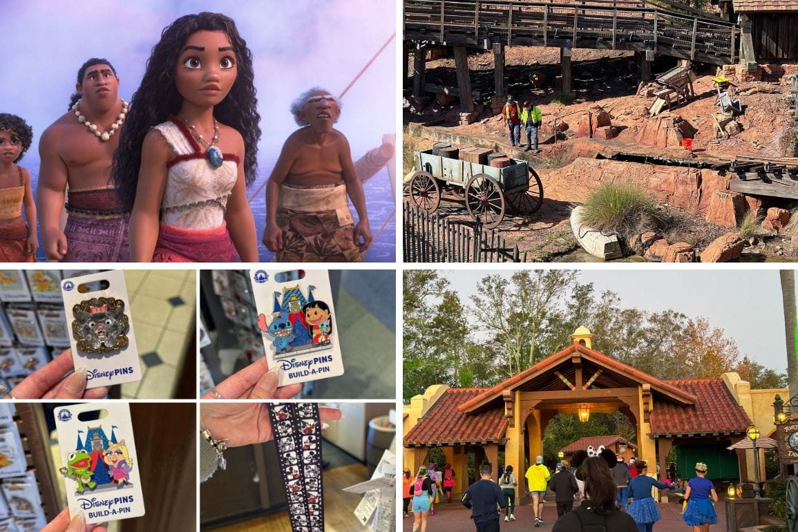Collage: Animated characters from a movie, theme park ride with mine carts, two displays of phone cases, a close-up of a patterned bracelet, and people entering a park building—an exciting daily recap capturing the essence of adventure and style.