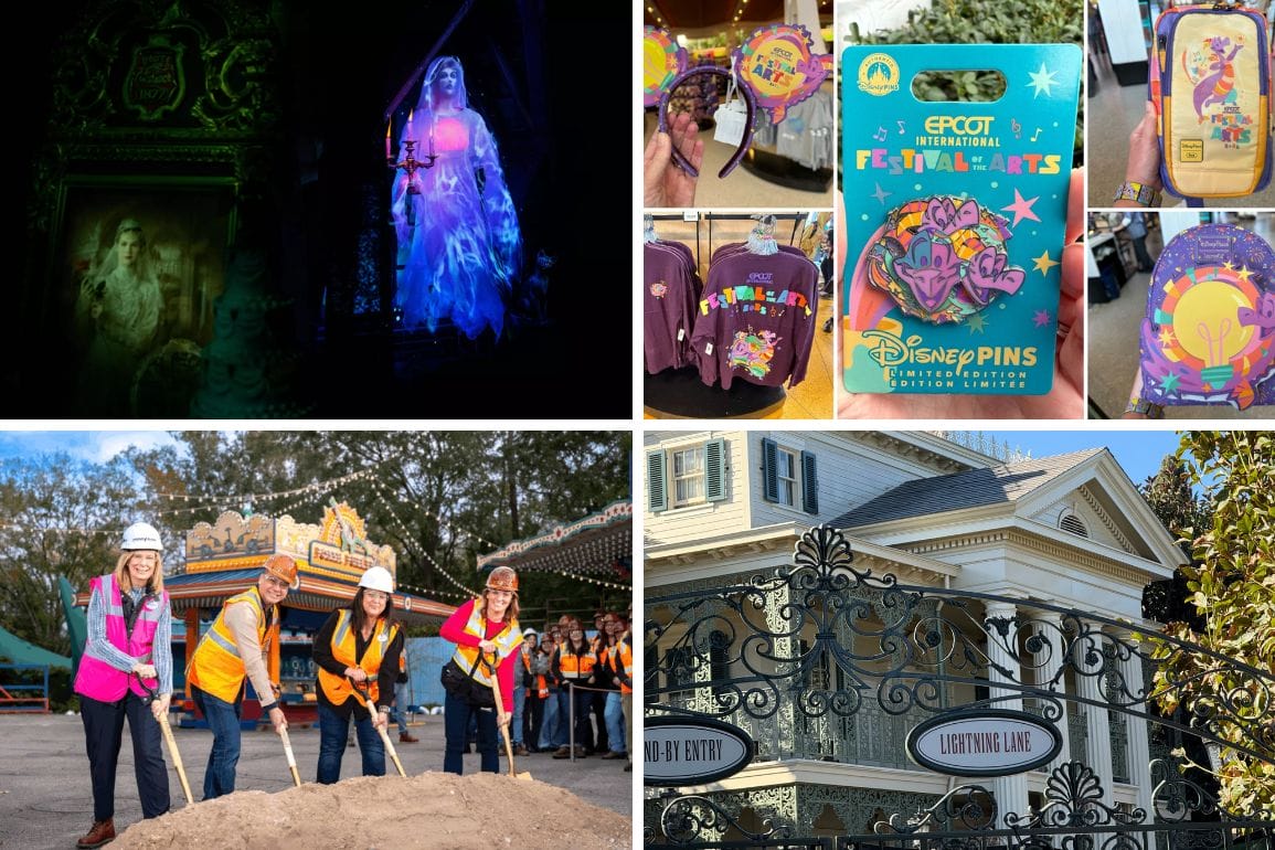 A daily recap collage features a holographic ghost, merchandise items, people in construction gear at a site, and a building exterior sporting a "Lightning Lane" sign.