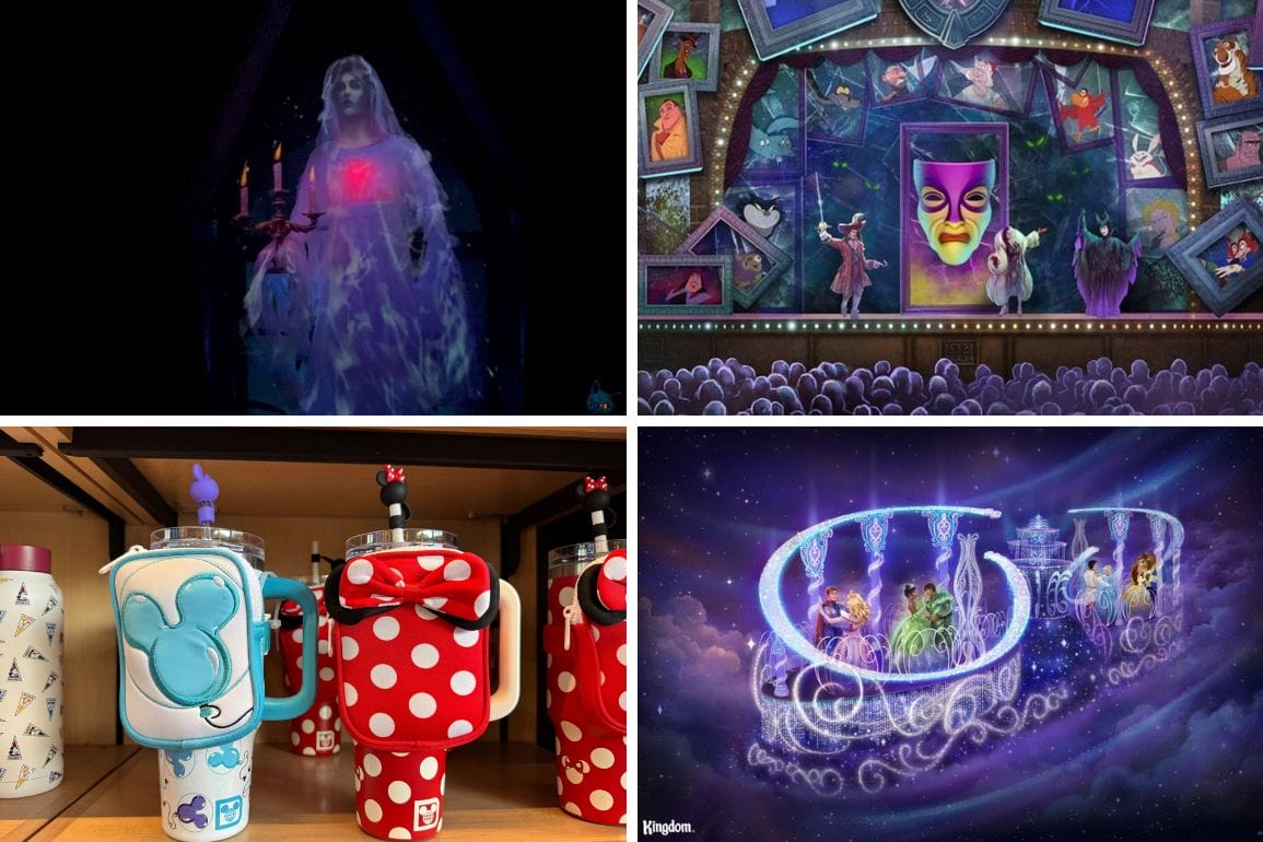 A collage of four images: a ghostly figure, a theater with masks, themed drink containers, and a fantastical scene with characters in an illuminated "WD" formation, capturing the essence of the daily recap in vivid detail.