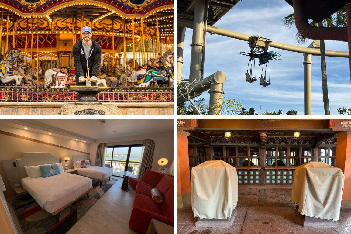 Collage of four images: a person near a carousel, a suspended ride, a hotel room with twin beds, and two covered objects in a plaza setting, capturing the essence of a daily recap.