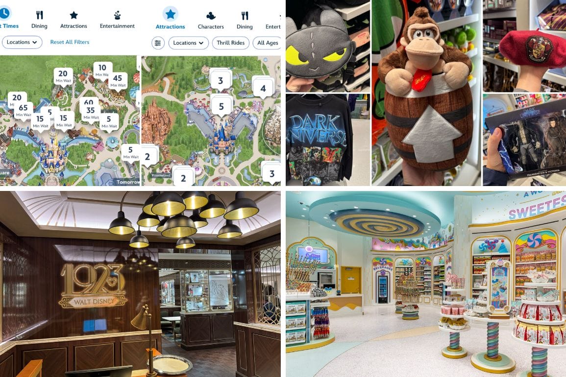 A daily recap captured in a collage: a theme park map, toy figurines, the retro vibe of a 1973-themed restaurant interior, and the vibrant hues of a colorful sweets shop display.